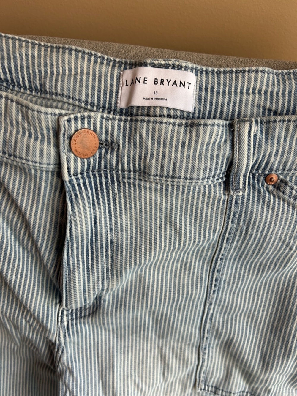 Lane Bryant Light Blue and White Striped Denim Mid rise Boyfriend Capri